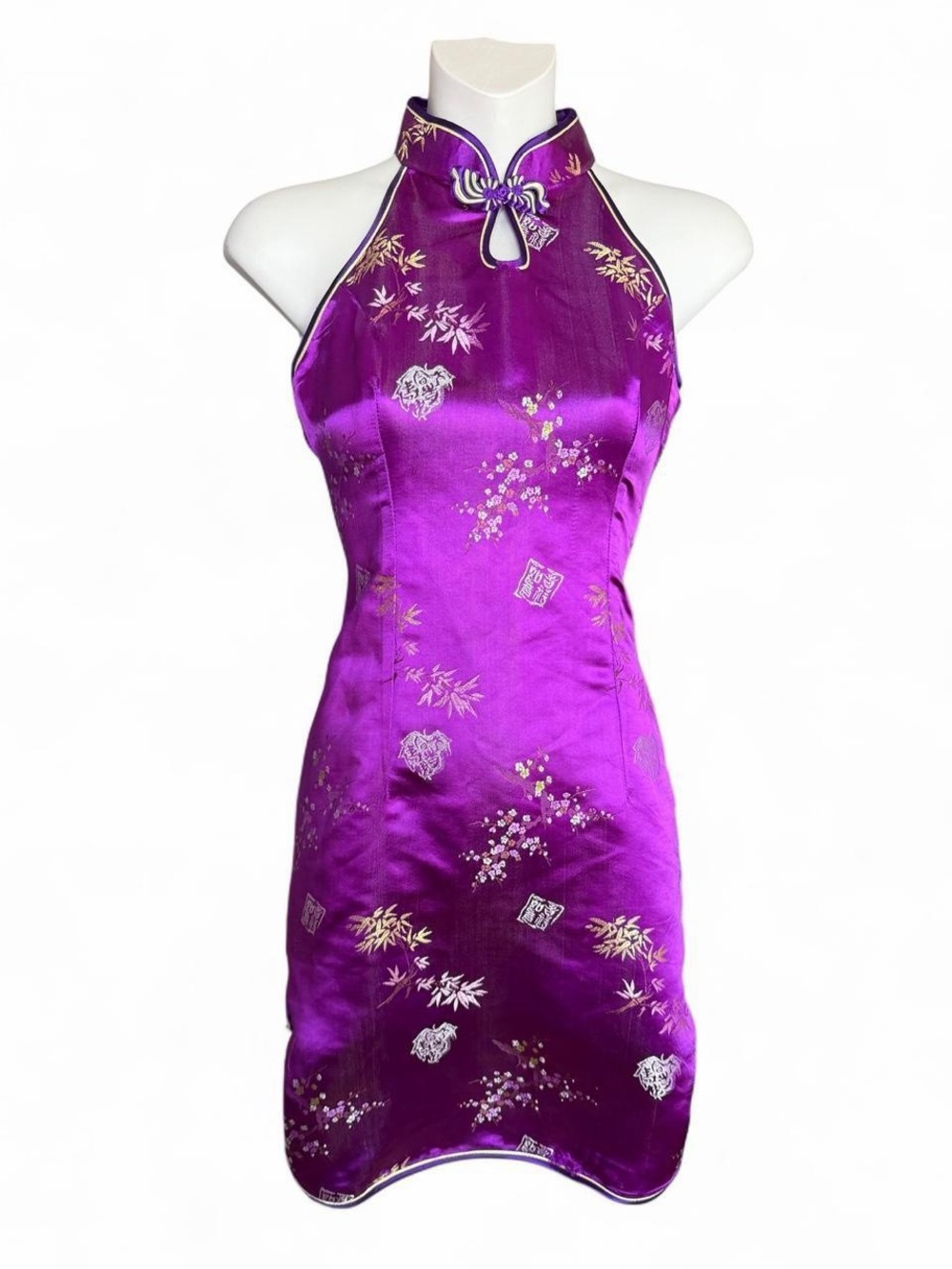Purple Satin Halter Mini Cheongsam Dress